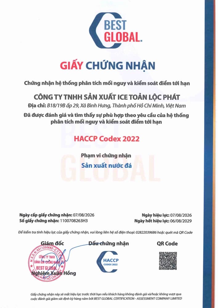 Chứng nhận HACCP Codex 2022 của ICE Toản Lộc Phát